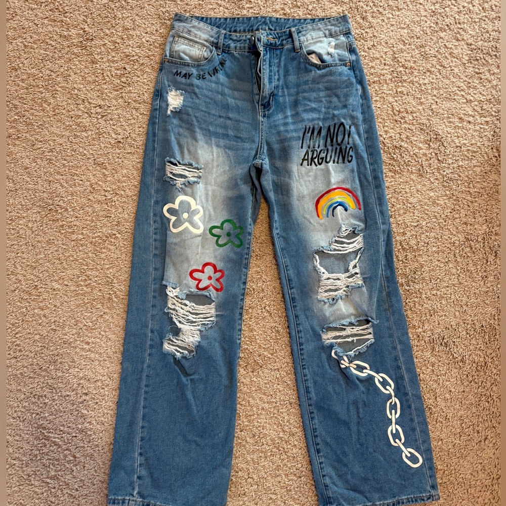 SHEIN Blue Straight Leg Jeans with Distressed Details